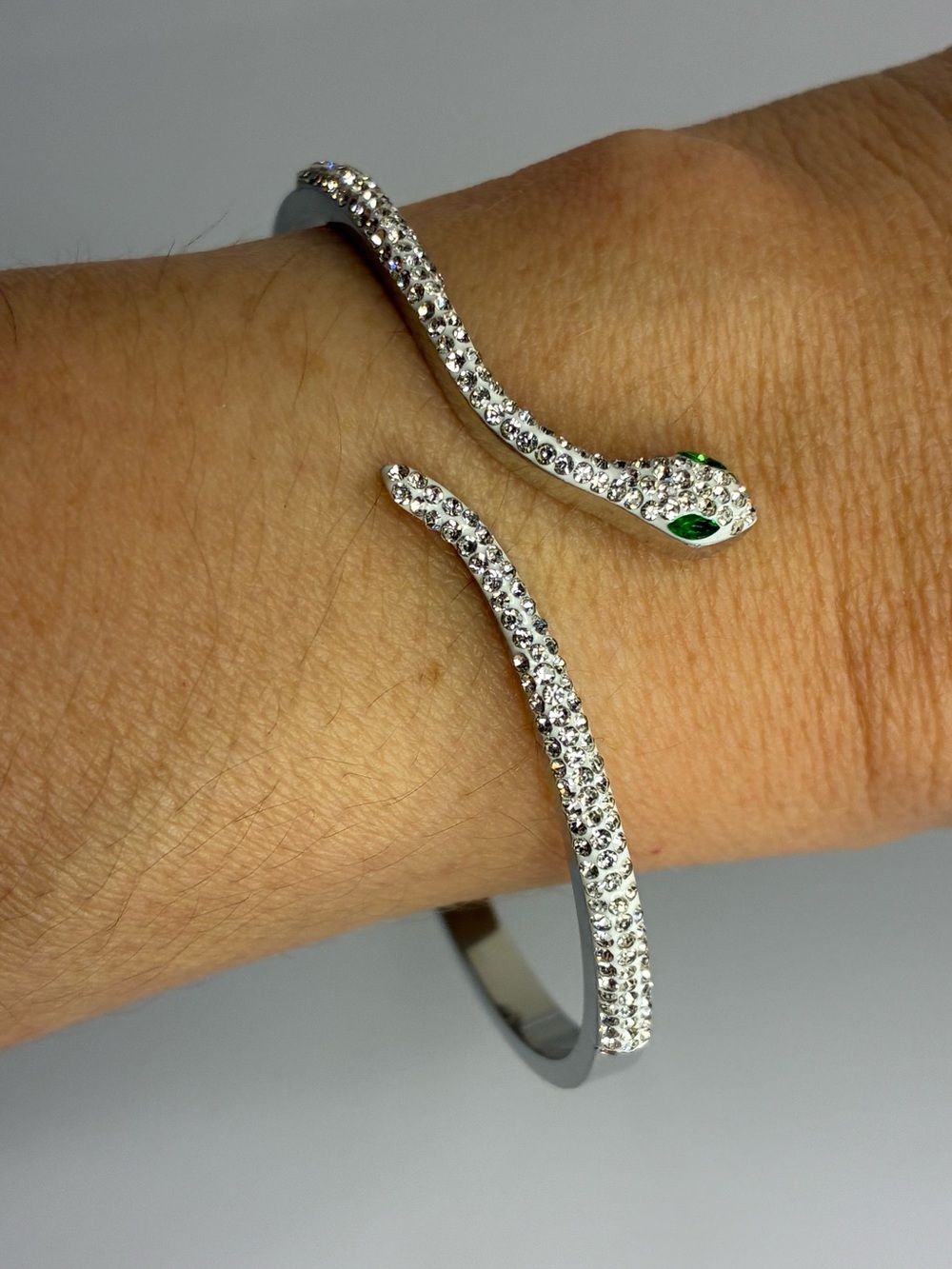 Vintage Crystal Snake Open Cuff Bracelet - Silver with Green Eyes